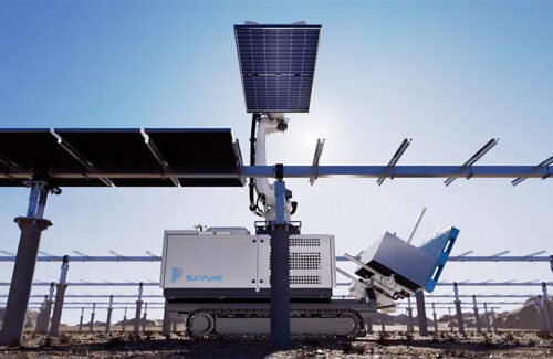 The SUNPURE automated module installer is compatible with the GameChangeSolar tracker